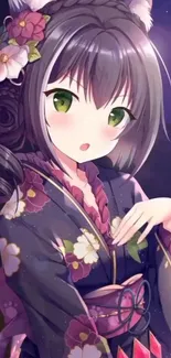 Anime girl in kimono with green eyes and floral details.