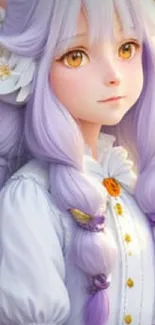 Anime girl with lavender hair in a floral field.