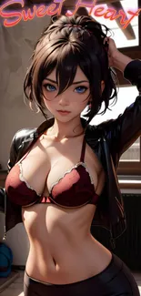 Anime girl in leather jacket wallpaper.