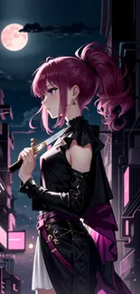 Anime girl with magenta hair in moonlit cityscape.