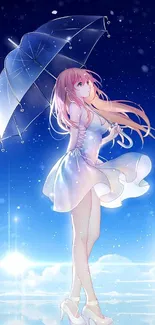 Anime girl under an umbrella in moonlit sky.