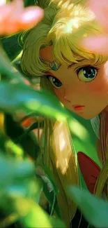 Anime girl surrounded by leaves and flowers in nature.