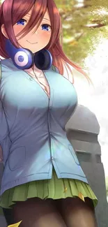 Anime girl with headphones in a serene nature setting.