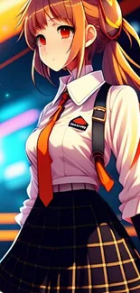 Anime girl standing in neon-lit scene with orange accents.