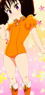 Anime girl in orange outfit with floral background.