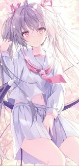 Anime girl with wings in pastel cherry blossom setting.