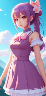 Charming anime girl in a purple dress with mountain backdrop.