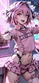 Anime girl in pink outfit with urban aesthetic, smiling cheerfully.