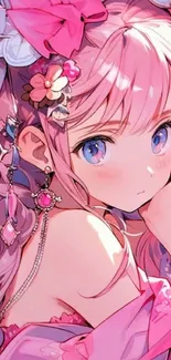 Anime girl with pink hair and floral accents in a vibrant style.