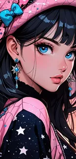 Anime girl in pink attire with blue eyes and starry background.