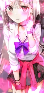 Anime girl with pink aura, vibrant colors and cute expression.