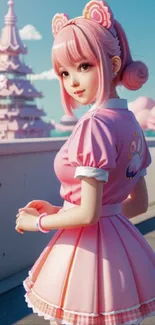 Anime girl in pink dress by fantasy castle.