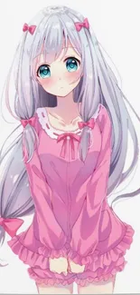 Cute anime girl with silver hair wearing pink pajamas, shy expression.