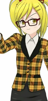 Anime girl with glasses in a plaid jacket pointing up.