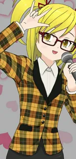 Anime girl with plaid jacket and microphone on a gray heart background.