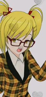 Anime girl with glasses in plaid jacket holding heart.