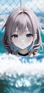 Anime girl with flowing hair in a turquoise pool.