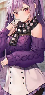 Anime girl with purple hair and outfit holding a phone.