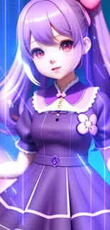 Anime girl in purple dress with digital effects.