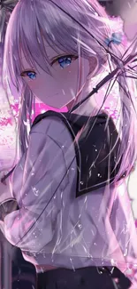 Anime girl in rain with pink and blue colors, mobile wallpaper.