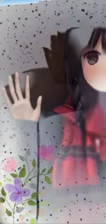 Anime girl behind rain-splashed glass with flowers.