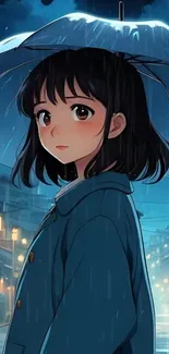 Anime girl with umbrella in rainy city scene, rich in blue tones.