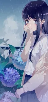 Anime girl in rain with hydrangeas on mobile wallpaper.