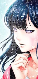 Anime girl with dark hair in the rain, artistic and vibrant design.