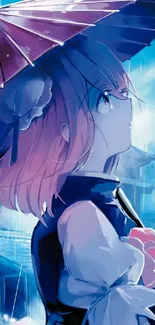 Anime girl under umbrella in rain, vibrant blue and pink colors.