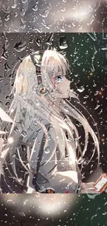 Anime girl with headphones in rain, artistic mobile wallpaper.