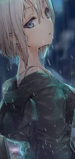 Anime girl in a dark rain scene, wearing a coat and looking contemplative.