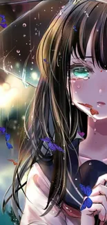 Anime girl with umbrella in the rain surrounded by colorful butterflies.