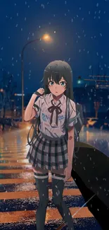 Anime girl in a rainy city street under streetlights.