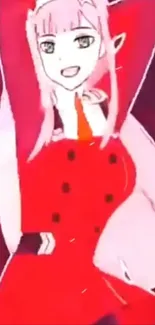 Anime girl with pink hair in a red outfit on a dynamic background.