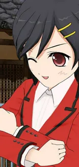 Anime girl winking in red blazer with black hair and star hairpin.