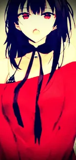 Anime girl in a red dress with dark hair and a stylish choker.