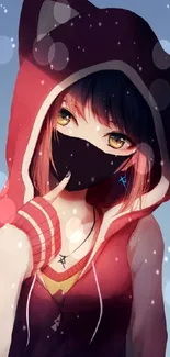 Anime girl in red hoodie with mask on a blue background.