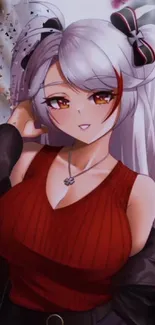 Anime girl with silver hair and red top.