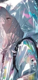 Anime girl in reflective hoodie under rain, vibrant colors.