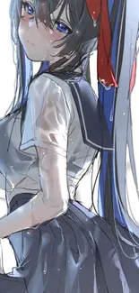 Anime girl in navy sailor dress with vibrant red ribbon.