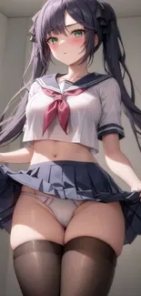 Anime girl in a sailor outfit with a navy blue skirt.