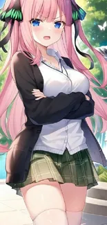 Anime girl with pink hair in a garden.