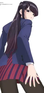 Anime girl in a blue school uniform with long hair and a vibrant background.