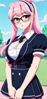 Anime girl with pink hair and glasses in school uniform at park.