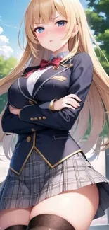 Anime girl in school uniform with blonde hair, set in a vibrant outdoor scene.