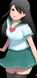 Anime girl with dark hair in a teal school uniform.