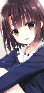 Anime girl with green eyes in a navy school uniform.