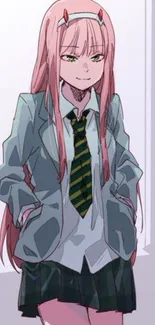 Anime girl in a school uniform with long pink hair and green tie.