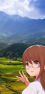 Anime girl with glasses in green terraced fields.