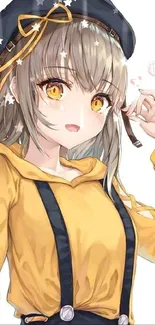 Anime girl in yellow top with suspenders, vibrant and stylish.